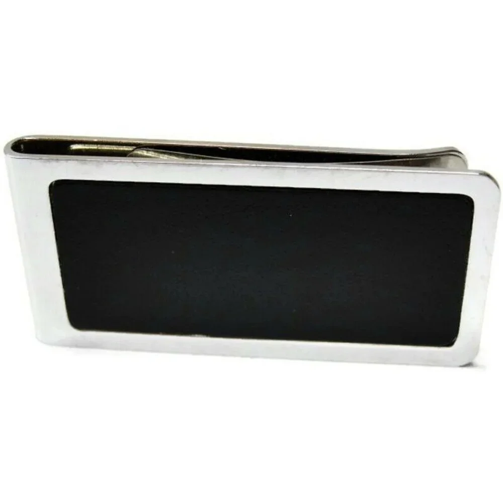 Money Clip Stainless Steel Black Leather Insert Credit Card Cash ID Holder